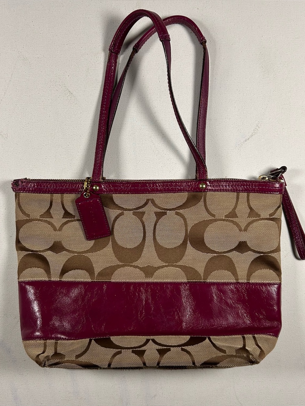 VINTAGE COACH KHAKI SIGNATURE PINK STRIPE DOUBLE HANDLE BAG NO. C0868-12429